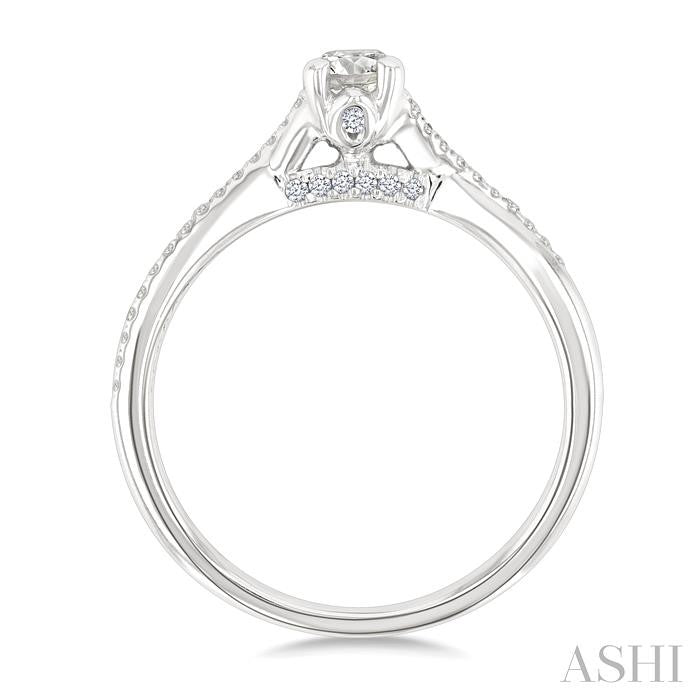 1/2 Ctw Split Criss Cross Shank Round Cut Diamond Engagement Ring With 1/3 Ct Oval Cut Diamond Center Stone in 14K White Gold