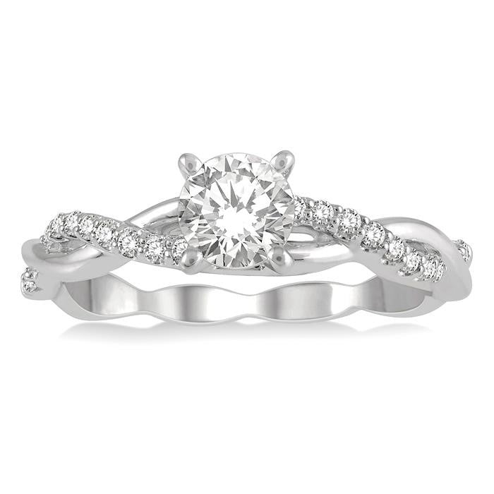 5/8 Ctw Round Center Diamond Twisted Ladies Engagement Ring with 1/2 Ct Round Cut Center Stone in 14K White Gold