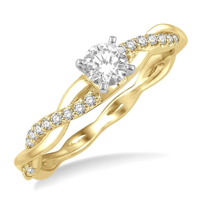 1/3 Ctw Round Center Diamond Twisted Ladies Engagement Ring with 1/4 Ct Round Cut Center Stone in 14K Yellow and White Gold