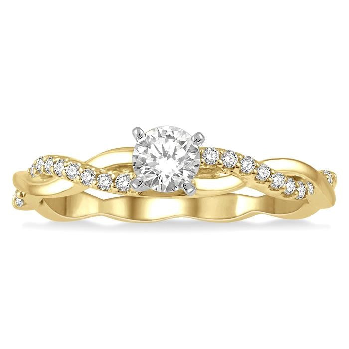 1/3 Ctw Round Center Diamond Twisted Ladies Engagement Ring with 1/4 Ct Round Cut Center Stone in 14K Yellow and White Gold