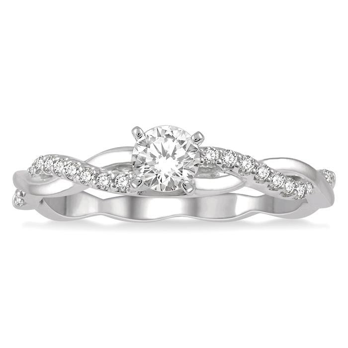 1/3 Ctw Round Center Diamond Twisted Ladies Engagement Ring with 1/4 Ct Round Cut Center Stone in 14K White Gold