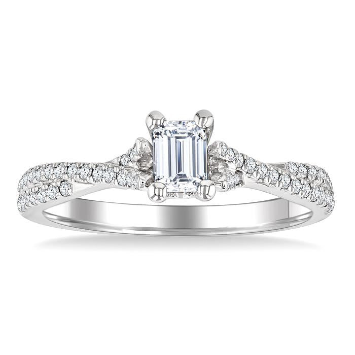 1/2 Ctw Criss Cross Shank Round Cut Diamond Engagement Ring With 1/3 Ct Emerald Cut Diamond Center Stone in 14K White Gold