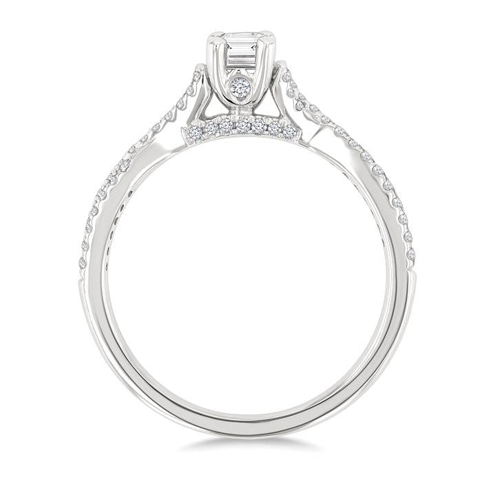 1/2 Ctw Criss Cross Shank Round Cut Diamond Engagement Ring With 1/3 Ct Emerald Cut Diamond Center Stone in 14K White Gold