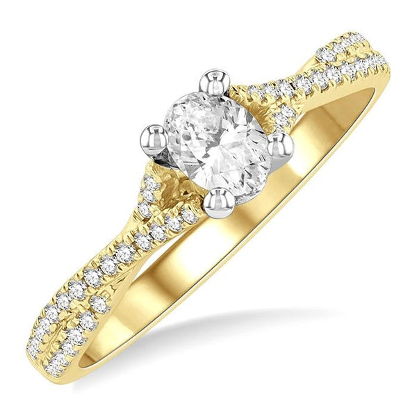 1/2 Ctw Split Criss Cross Round & Oval Cut Diamond Engagement Ring With 1/3 Ctw Oval Cut Center Stone in 14K Yellow and White Gold
