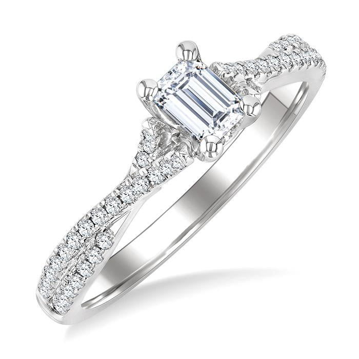 1/4 Ctw Split Crisscross Shank Emerald Shape Round Cut Diamond Semi-Mount Engagement Ring in 14K White Gold