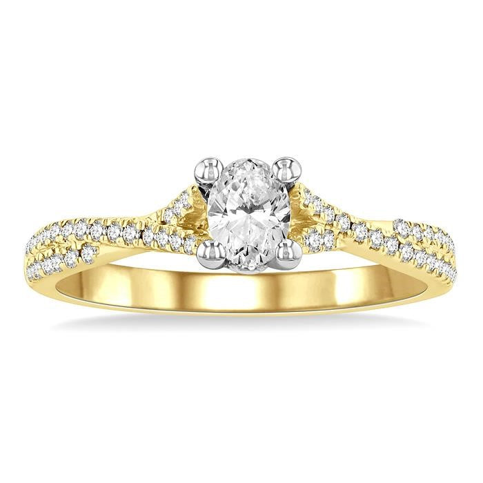 1/4 Ctw Split Criss Cross Oval Shape Round Cut Diamond Semi-Mount Engagement Ring in 14K Yellow and White Gold