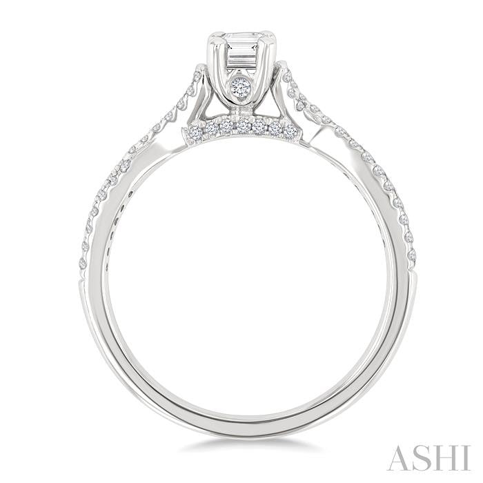 1/4 Ctw Split Crisscross Shank Emerald Shape Round Cut Diamond Semi-Mount Engagement Ring in 14K White Gold
