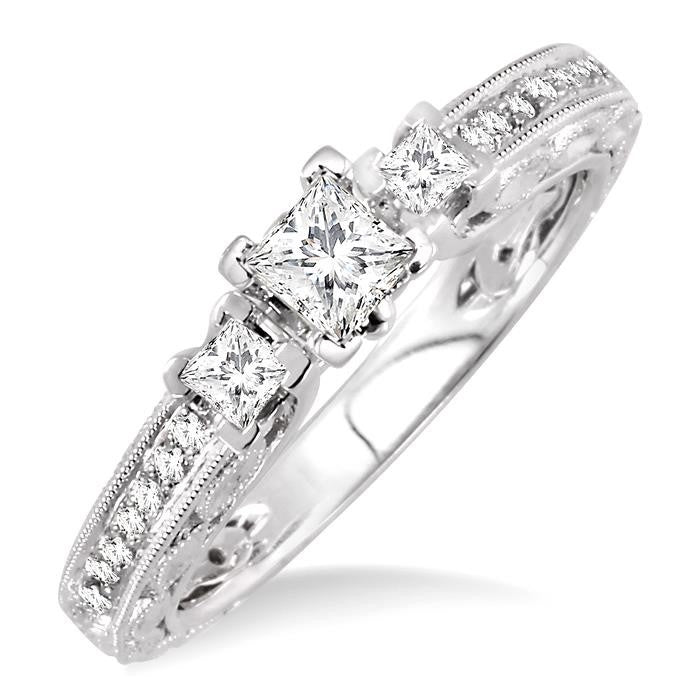 1/2 Ctw Diamond Engagement Ring with 1/4 Ct Princess Cut Center Stone in 14K White Gold