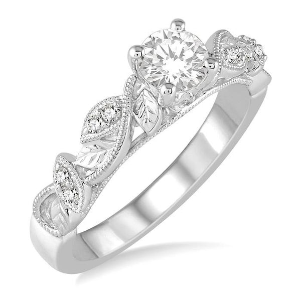 1/10 Ctw Round Semi-Mount Leaf Motif Engagement Ring in 14K White Gold