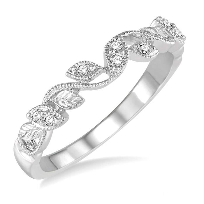 1/10 Ctw Leaf Motif Round Cut Diamond Wedding Band in 14K White Gold