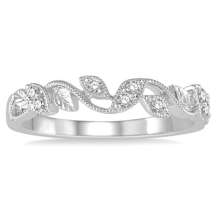 1/10 Ctw Leaf Motif Round Cut Diamond Wedding Band in 14K White Gold