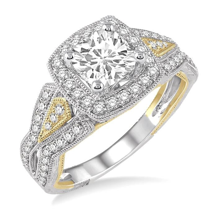 7/8 Ctw Diamond Engagement Ring with 1/2 Ct Princess Cut Center Diamond in 14K White and Yellow Gold