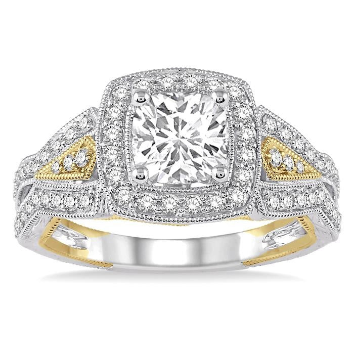 7/8 Ctw Diamond Engagement Ring with 1/2 Ct Princess Cut Center Diamond in 14K White and Yellow Gold