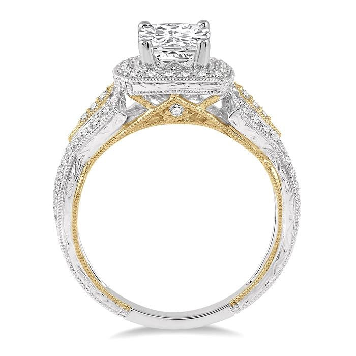 7/8 Ctw Diamond Engagement Ring with 1/2 Ct Princess Cut Center Diamond in 14K White and Yellow Gold