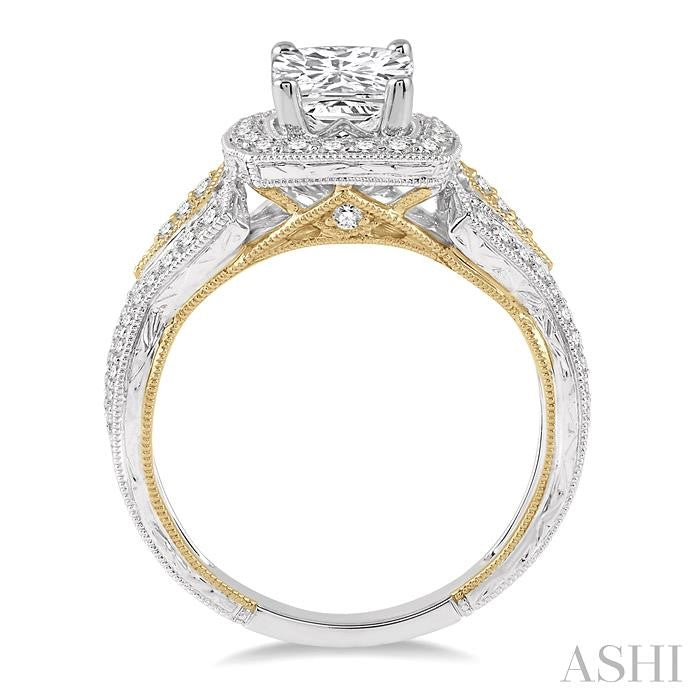 7/8 Ctw Diamond Engagement Ring with 1/2 Ct Princess Cut Center Diamond in 14K White and Yellow Gold