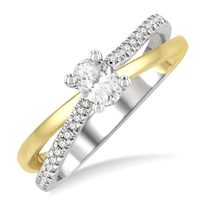 1/2 Ctw Two Tone Criss Cross Round & Oval Cut Diamond Engagement Ring With 1/3 Ct Oval Cut Center Stone in 14K White and Yellow Gold