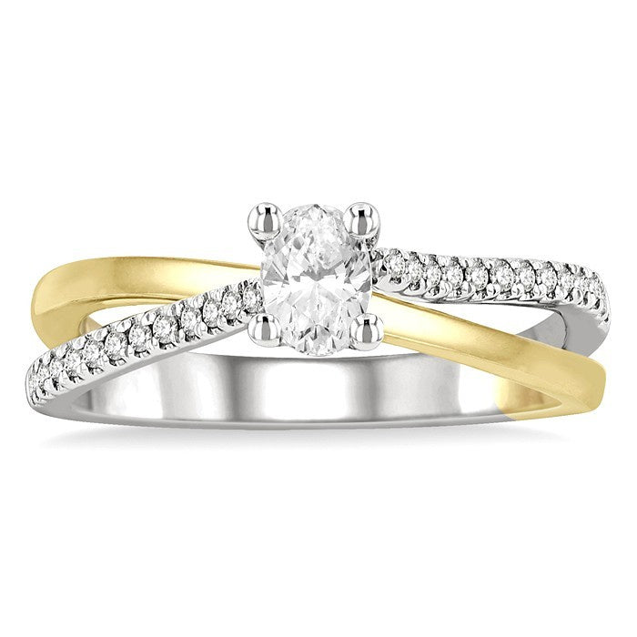 1/2 Ctw Two Tone Criss Cross Round & Oval Cut Diamond Engagement Ring With 1/3 Ct Oval Cut Center Stone in 14K White and Yellow Gold