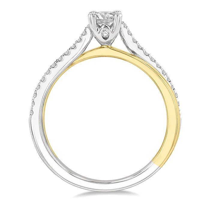 1/2 Ctw Two Tone Criss Cross Round & Oval Cut Diamond Engagement Ring With 1/3 Ct Oval Cut Center Stone in 14K White and Yellow Gold