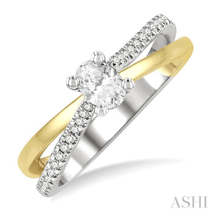 1/2 Ctw Two Tone Criss Cross Round & Oval Cut Diamond Engagement Ring With 1/3 Ct Oval Cut Center Stone in 14K White and Yellow Gold