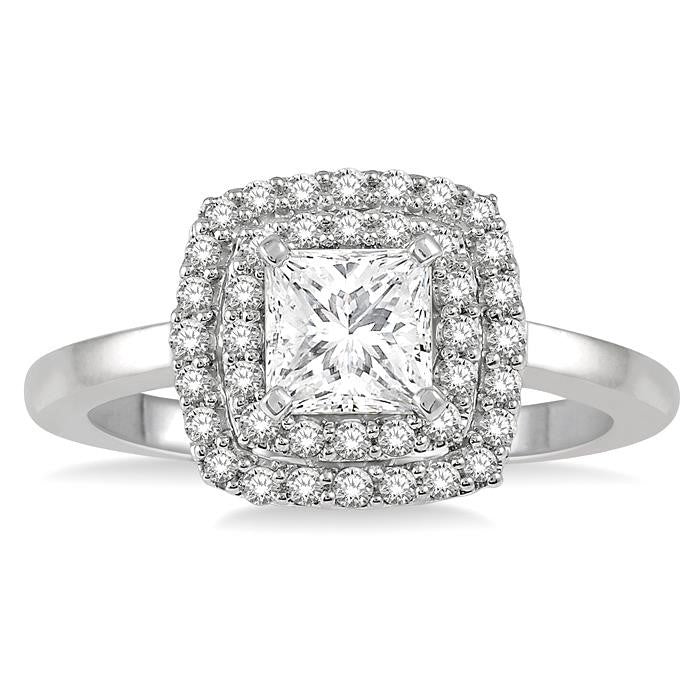 3/4 Ctw Princess & Halo Round Cut Diamond Ladies Engagement Ring With 1/2 Ct Princess Cut Center Stone in 14K White Gold