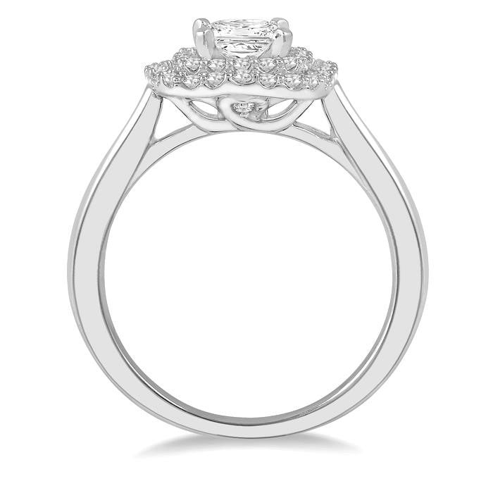 3/4 Ctw Princess & Halo Round Cut Diamond Ladies Engagement Ring With 1/2 Ct Princess Cut Center Stone in 14K White Gold