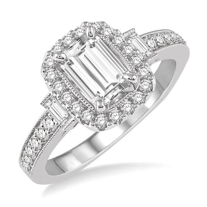 7/8 Ctw Diamond Engagement Ring with 1/2 Ct Octagon Cut Center Diamond in 14K White Gold