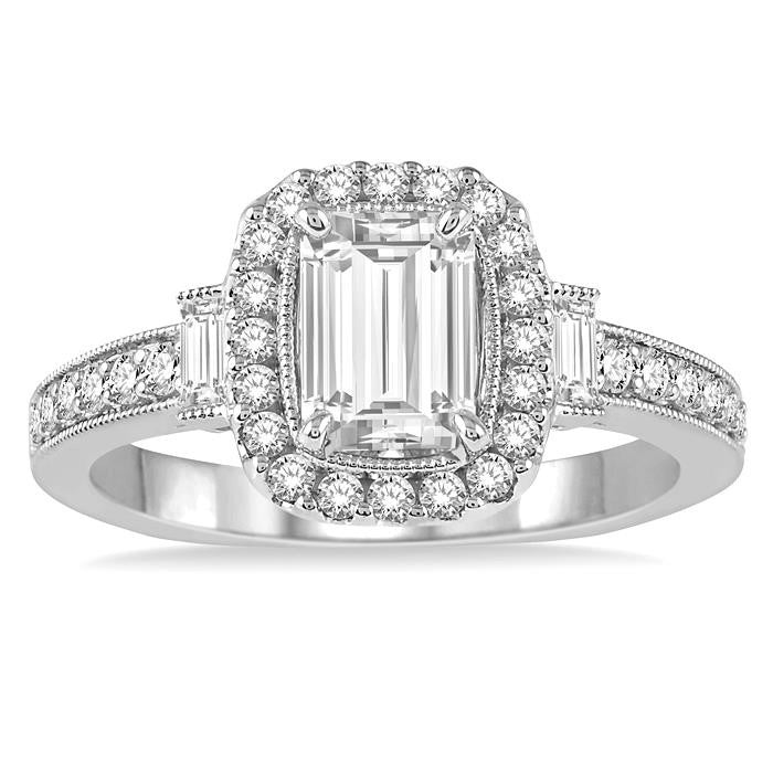 7/8 Ctw Diamond Engagement Ring with 1/2 Ct Octagon Cut Center Diamond in 14K White Gold