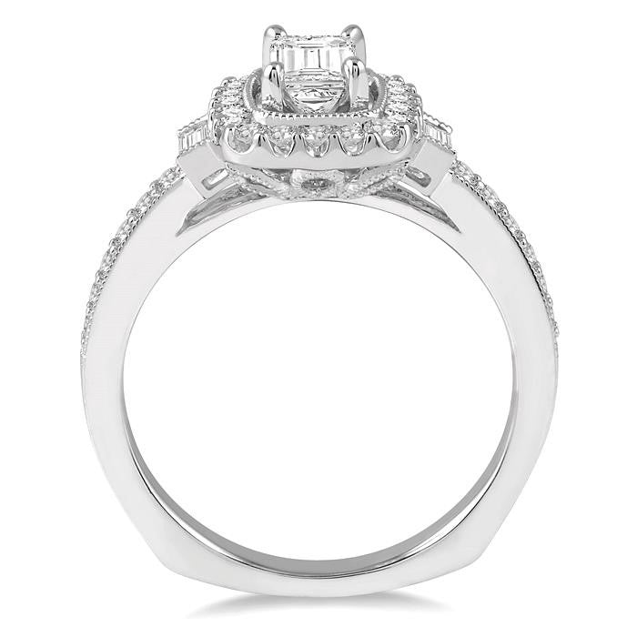 7/8 Ctw Diamond Engagement Ring with 1/2 Ct Octagon Cut Center Diamond in 14K White Gold