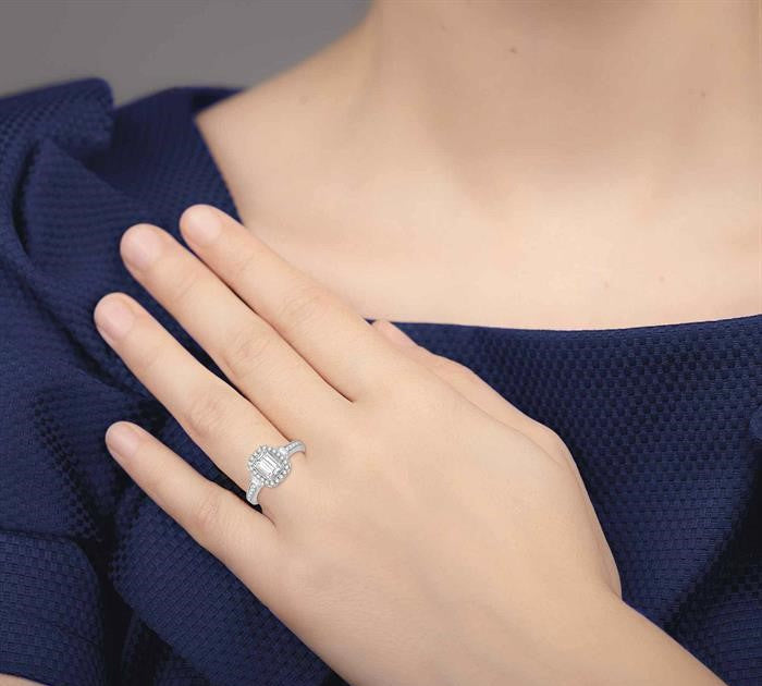 7/8 Ctw Diamond Engagement Ring with 1/2 Ct Octagon Cut Center Diamond in 14K White Gold