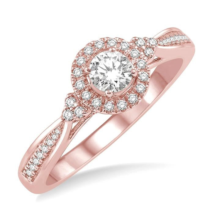 3/8 Ctw Round Center Heart Link Diamond Ladies Engagement Ring with 1/5 Ct Round Cut Center Stone in 14K Rose Gold