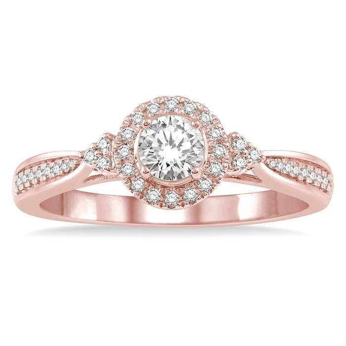 3/8 Ctw Round Center Heart Link Diamond Ladies Engagement Ring with 1/5 Ct Round Cut Center Stone in 14K Rose Gold