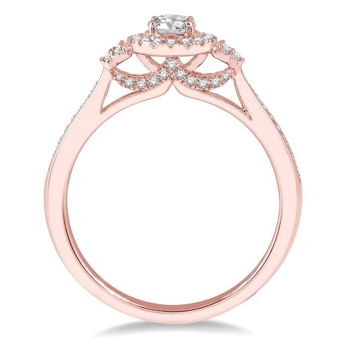 3/8 Ctw Round Center Heart Link Diamond Ladies Engagement Ring with 1/5 Ct Round Cut Center Stone in 14K Rose Gold