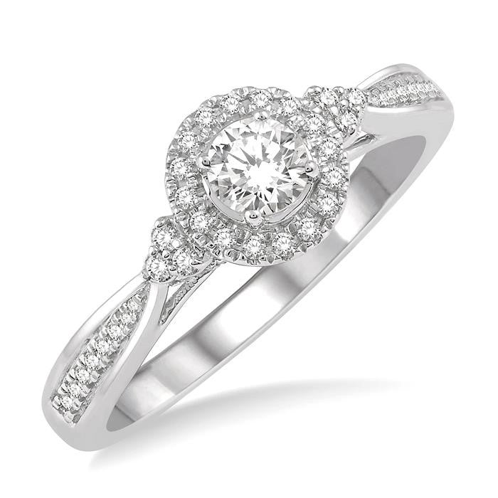3/8 Ctw Round Center Heart Link Diamond Ladies Engagement Ring with 1/5 Ct Round Cut Center Stone in 14K White Gold