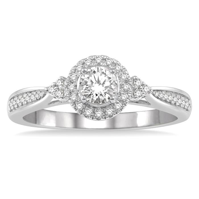 3/8 Ctw Round Center Heart Link Diamond Ladies Engagement Ring with 1/5 Ct Round Cut Center Stone in 14K White Gold