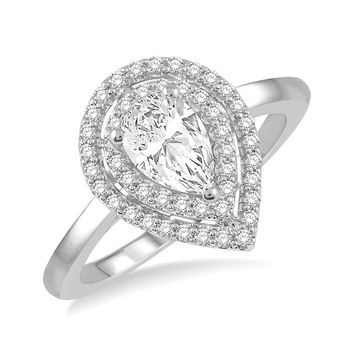 3/4 Ctw Round Cut Diamond Twin Border 1/2 Ct Pear Cut Center Stone Ladies Engagement Ring in 14K White Gold