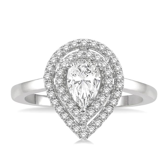 3/4 Ctw Round Cut Diamond Twin Border 1/2 Ct Pear Cut Center Stone Ladies Engagement Ring in 14K White Gold