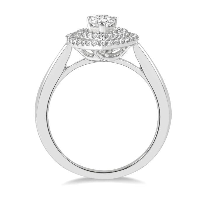 3/4 Ctw Round Cut Diamond Twin Border 1/2 Ct Pear Cut Center Stone Ladies Engagement Ring in 14K White Gold