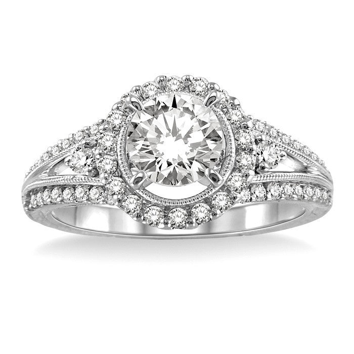 1 Ctw Diamond Engagement Ring with 1/2 Ct Round Cut Center Stone in 14K White Gold