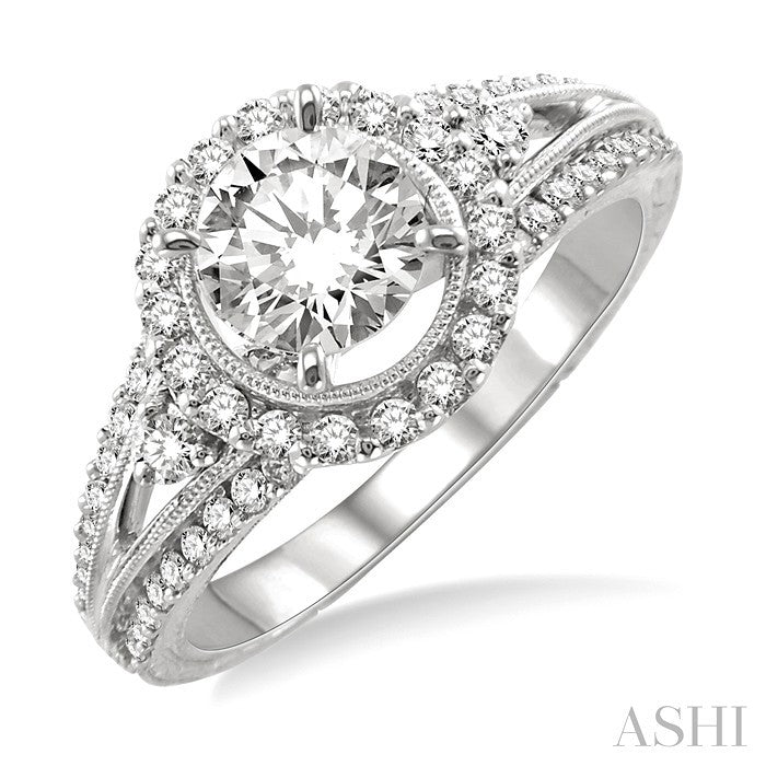 1 Ctw Diamond Engagement Ring with 1/2 Ct Round Cut Center Stone in 14K White Gold
