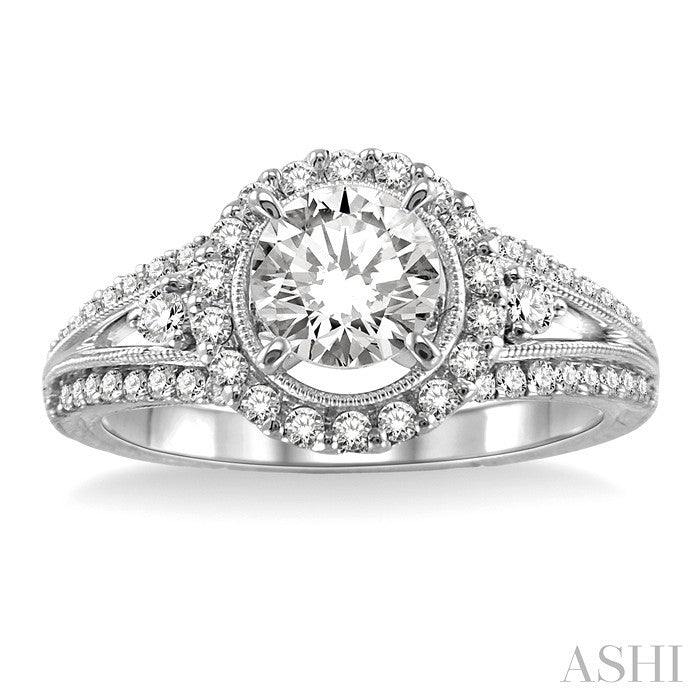 1 Ctw Diamond Engagement Ring with 1/2 Ct Round Cut Center Stone in 14K White Gold