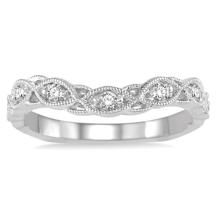 1/6 Ctw Milgrain Leaf Motif Round Cut Diamond Wedding Band in 14K White Gold