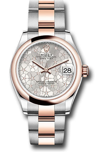 *Pre-Owned* Rolex Everose Rolesor Datejust 31 Watch - Domed Bezel - Silver Floral Motif Diamond Dial - Oyster Bracelet