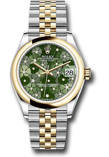 *Pre-Owned* Rolex Yellow Rolesor Datejust 31 Watch - Domed Bezel - Olive Green Floral Motif Diamond 6 Dial - Jubilee Bracelet