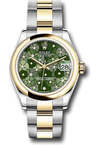 *Pre-Owned* Rolex Yellow Rolesor Datejust 31 Watch - Domed Bezel - Olive Green Floral Motif Diamond 6 Dial - Oyster Bracelet