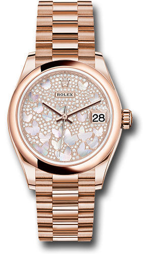 *Pre-Owned* Rolex Everose Gold Datejust 31 Watch - Domed Bezel - Diamond Paved Butterfly Dial - President Bracelet