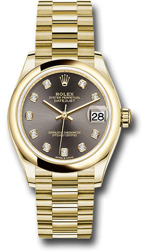 *Pre-Owned* Rolex Yellow Gold Datejust 31 Watch - Domed Bezel - Dark Grey Diamond Dial - President Bracelet