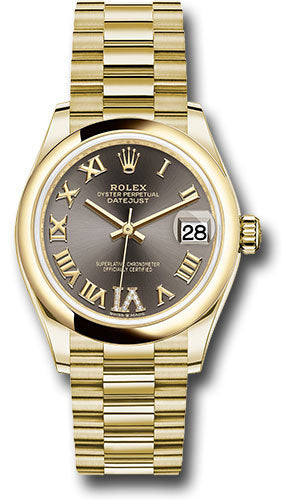 *Pre-Owned* Rolex Yellow Gold Datejust 31 Watch - Domed Bezel - Dark Grey Diamond Six Dial - President Bracelet