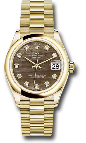*Pre-Owned* Rolex Yellow Gold Datejust 31 Watch - Domed Bezel - Dark Mother-of-Pearl Diamond Dial - President Bracelet