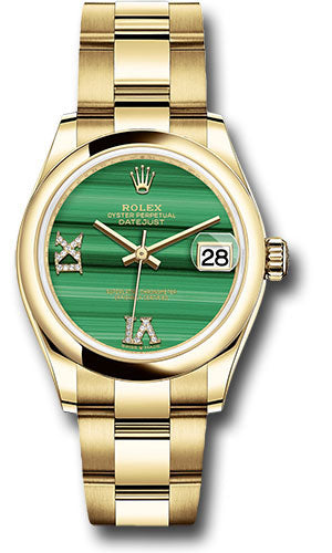 *Pre-Owned* Rolex Yellow Gold Datejust 31 Watch - Domed Bezel - Malachite Diamond Six and Nine Dial - Oyster Bracelet