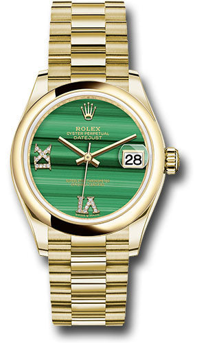 *Pre-Owned* Rolex Yellow Gold Datejust 31 Watch - Domed Bezel - Malachite Diamond Six and Nine Dial - President Bracelet